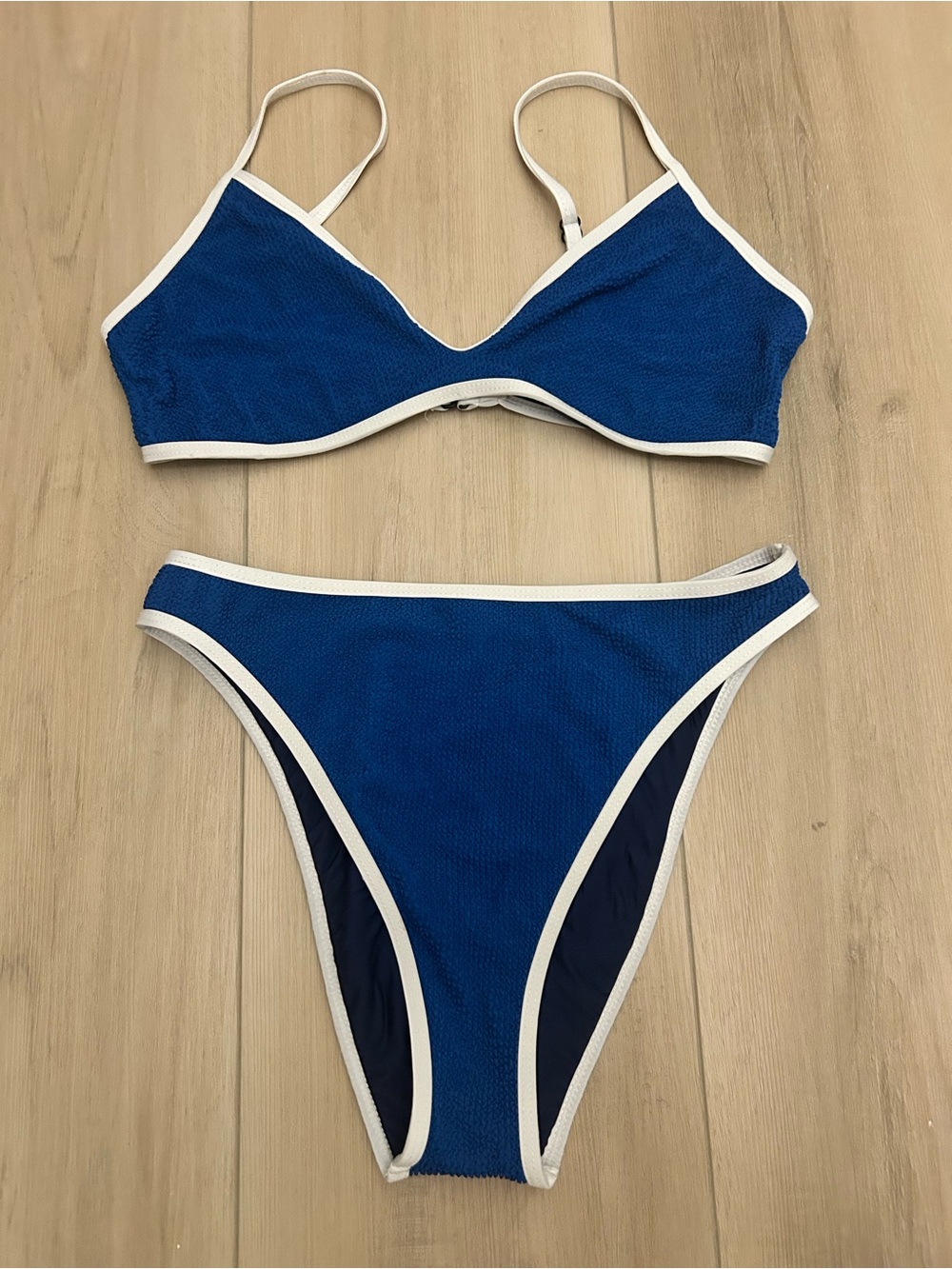 Blue Two-Piece Bikini with White Trim